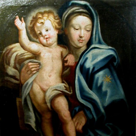 Quadro ad olio su tela raffigurante la Madonna con il bambino (sec. XVII) fase del processo di pulitura e restauro - Oil painting on canvas representing the Madonna and Child (seventeenth century) step of cleaning and restoration
