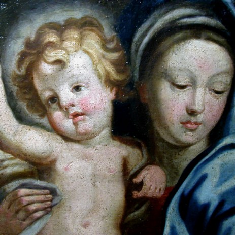 Quadro ad olio su tela raffigurante la Madonna con il bambino (sec. XVII) fase del processo di pulitura e restauro - Oil painting on canvas representing the Madonna and Child (seventeenth century) step of cleaning and restoration