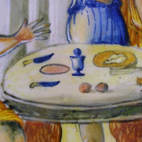 Piatto in maiolica istoriato di Urbino, fase del processo di restauro  Majolica plate historiated of Urbino step of restoratio