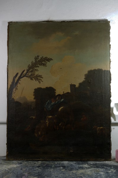 Dipinto olio su tela di ROSA DA TIVOLI ( Philipp Peter Roos, Francoforte 1655 ca.-Roma 1701), fase del processo di pulitura e restauro - Oil on canvas painting of ROSA DA TIVOLI (Philipp Peter Roos, Frankfurt ca. 1655-Rome 1701), step of cleaning and restoration