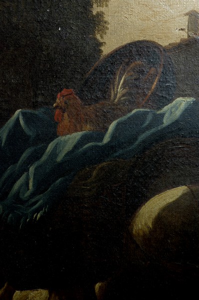 Dipinto olio su tela di ROSA DA TIVOLI ( Philipp Peter Roos, Francoforte 1655 ca.-Roma 1701), fase del processo di pulitura e restauro - Oil on canvas painting of ROSA DA TIVOLI (Philipp Peter Roos, Frankfurt ca. 1655-Rome 1701), step of cleaning and restoration