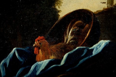 Dipinto olio su tela di ROSA DA TIVOLI ( Philipp Peter Roos, Francoforte 1655 ca.-Roma 1701), fase del processo di pulitura e restauro - Oil on canvas painting of ROSA DA TIVOLI (Philipp Peter Roos, Frankfurt ca. 1655-Rome 1701), step of cleaning and restoration