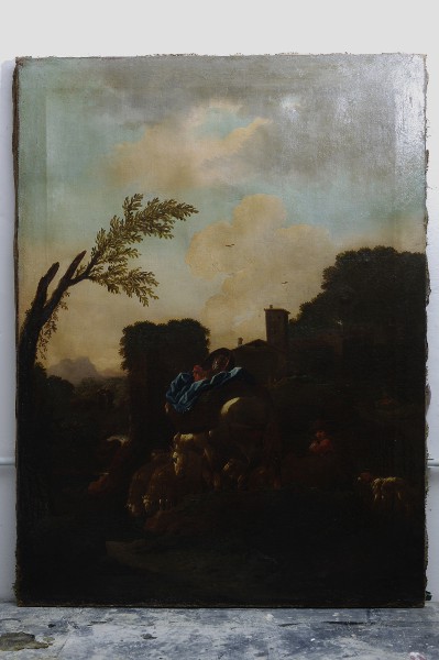 Dipinto olio su tela di ROSA DA TIVOLI ( Philipp Peter Roos, Francoforte 1655 ca.-Roma 1701), fase del processo di pulitura e restauro - Oil on canvas painting of ROSA DA TIVOLI (Philipp Peter Roos, Frankfurt ca. 1655-Rome 1701), step of cleaning and restoration